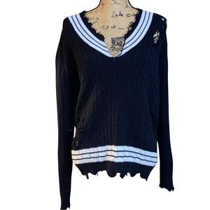 Le Cruz Distressed Black And White Cable Knit Varsity Style Sweater Size S